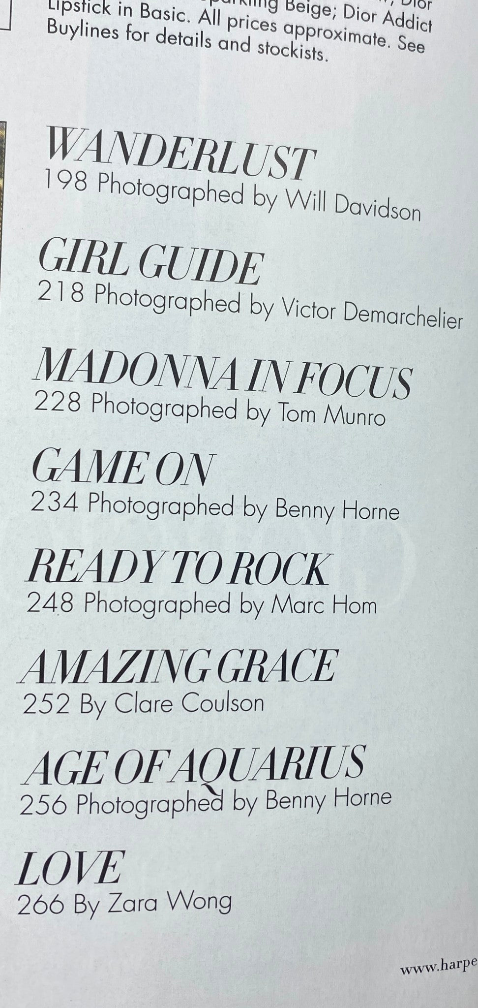 Table of contents page from Harper's Bazaar Australia Spring 2012, listing editorials and photography contributions such as 'Wanderlust' by Will Davidson and 'Girl Guide' by Victor Demarchelier.