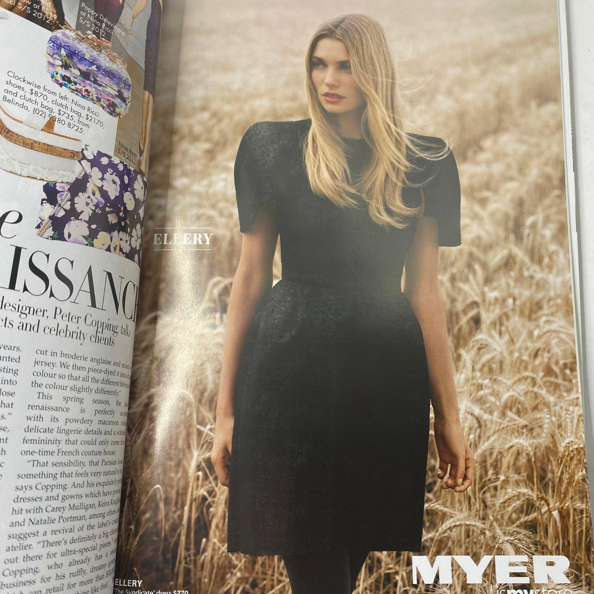 Fashion editorial from Harper's Bazaar Australia Spring 2012 featuring a model in an elegant black dress, highlighting contemporary fashion styles.