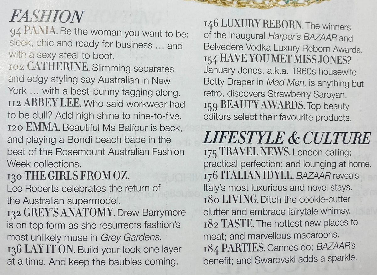 Inside page of Harper's Bazaar Australia August 2009 showcasing fashion articles including 'Pania', 'Catherine', and 'Grey's Anatomy' about Drew Barrymore.