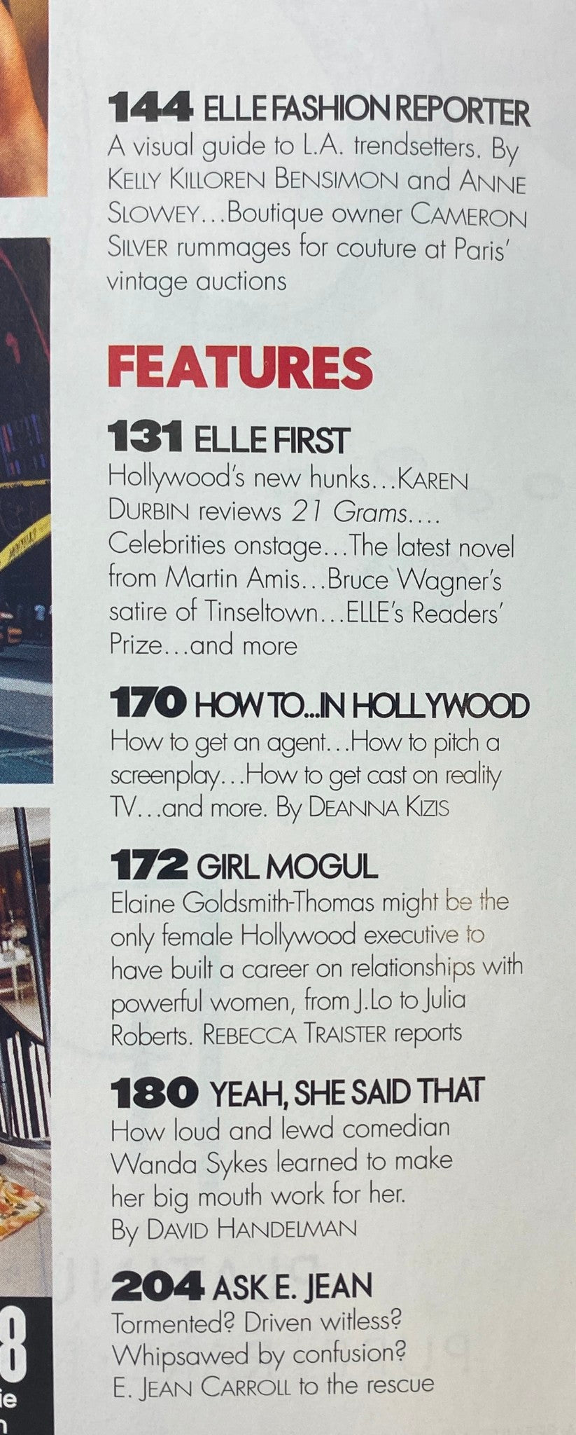 Inside page from Elle Magazine November 2003 detailing features and fashion reports, highlighting Hollywood's rising stars and career tips for aspiring artists.