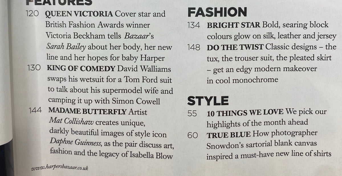 Contents page of Harper's Bazaar UK Magazine May 2012, highlighting features on Victoria Beckham, David Walliams, and style trends.