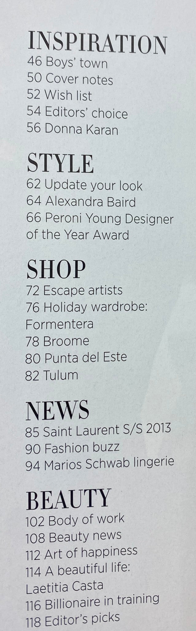 Table of contents from Harper's Bazaar Australia Magazine December 2012, highlighting sections on inspiration, style, news, and beauty.