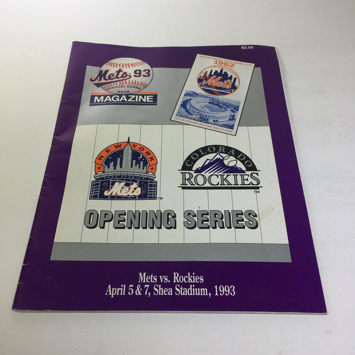 Cover of the 1993 Mets Vs. Rockies Scorebook featuring logos and date, April 5 & 7 at Shea Stadium.