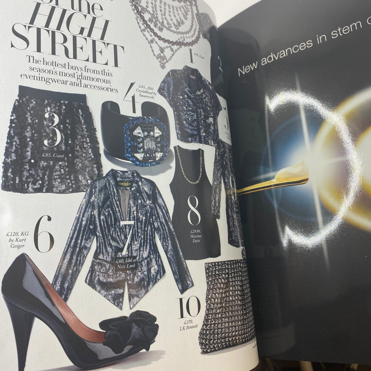 A fashion spread from Harper's Bazaar UK Magazine December 2009, showcasing stylish eveningwear and accessories, including a black skirt, sequin blazer, and high heels, highlighting top seasonal buys. Featured in the magazine with Victoria Beckham on the cover.