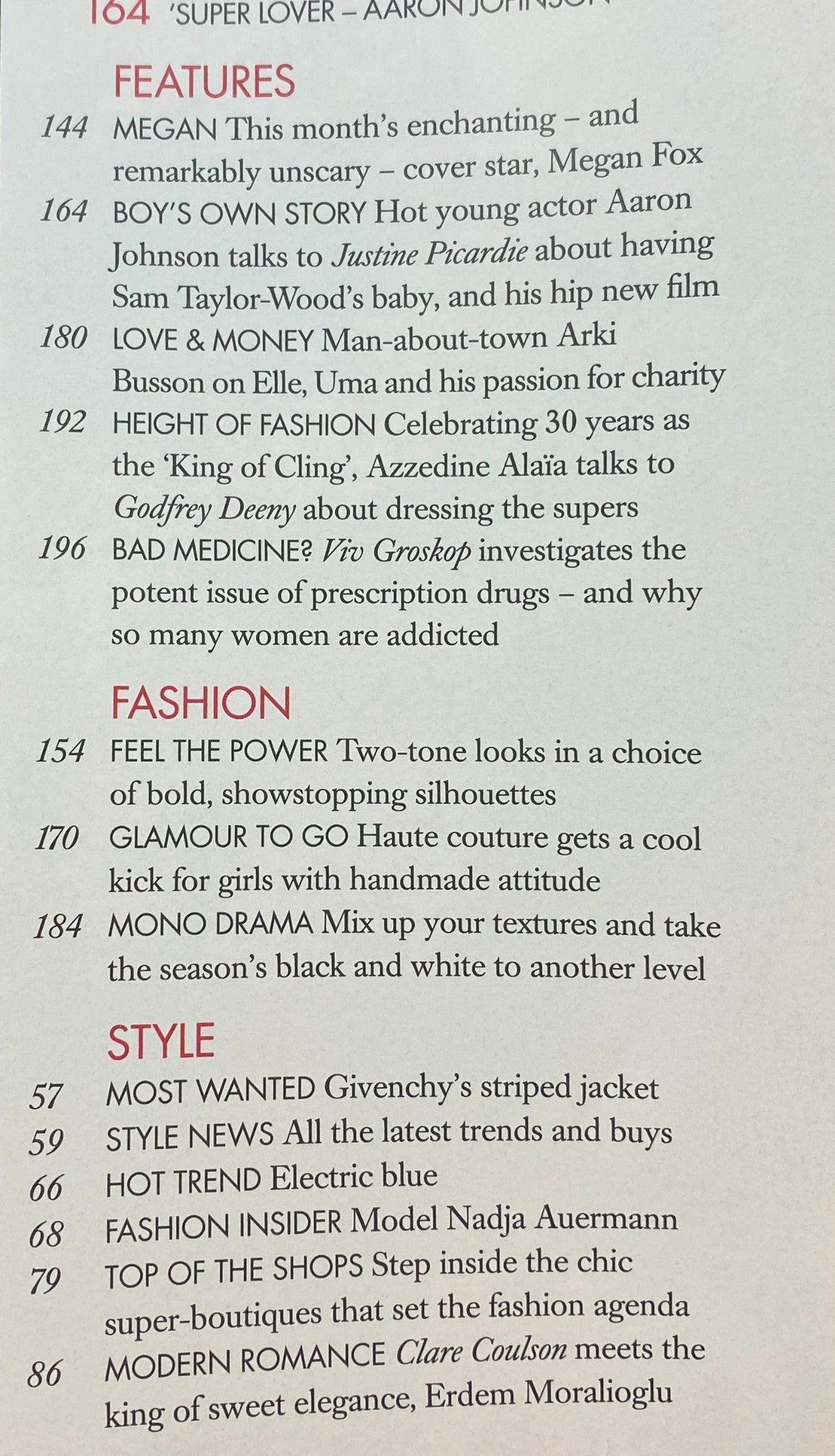 Contents page of Harper's Bazaar UK Magazine April 2010 featuring articles on fashion and celebrity culture, including a feature on actor Aaron Johnson.