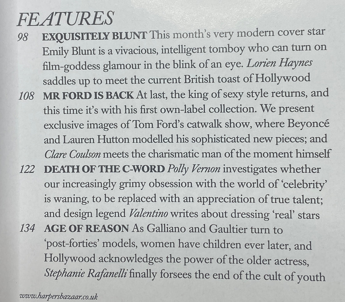 Inside page of Harper's Bazaar UK January 2011 Magazine displaying features including 'Exquisitely Blunt' and 'Mr. Ford is Back', highlighting celebrity interviews and fashion insights.