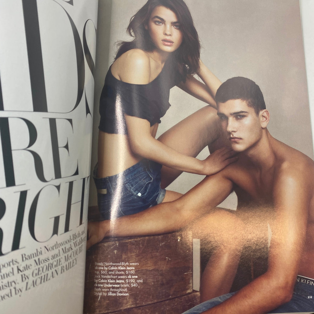 Fashion editorial from Harper's Bazaar Australia Magazine June 2011 featuring model Bambi Northwood-Blyth posing alongside a male model, highlighting contemporary fashion trends.