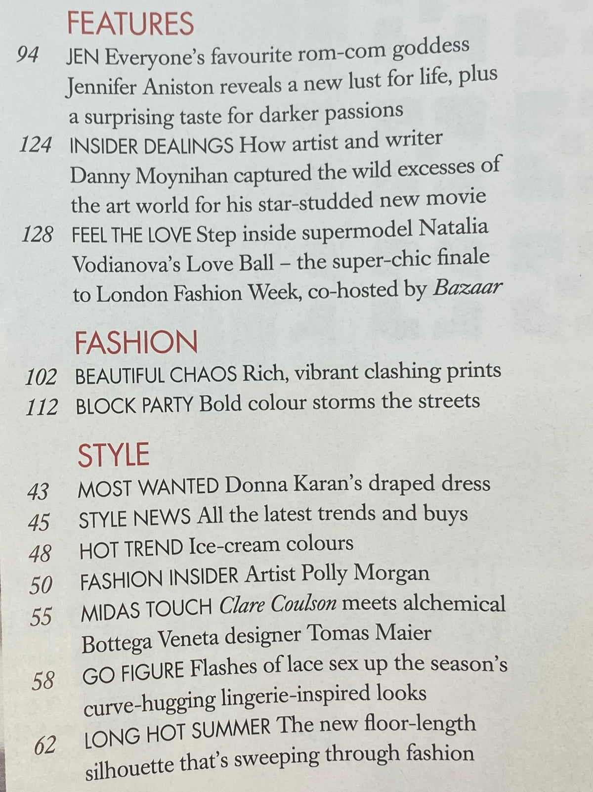 Table of contents from Harper's Bazaar UK Magazine May 2010 highlighting features, fashion, and style articles including Jennifer Aniston.
