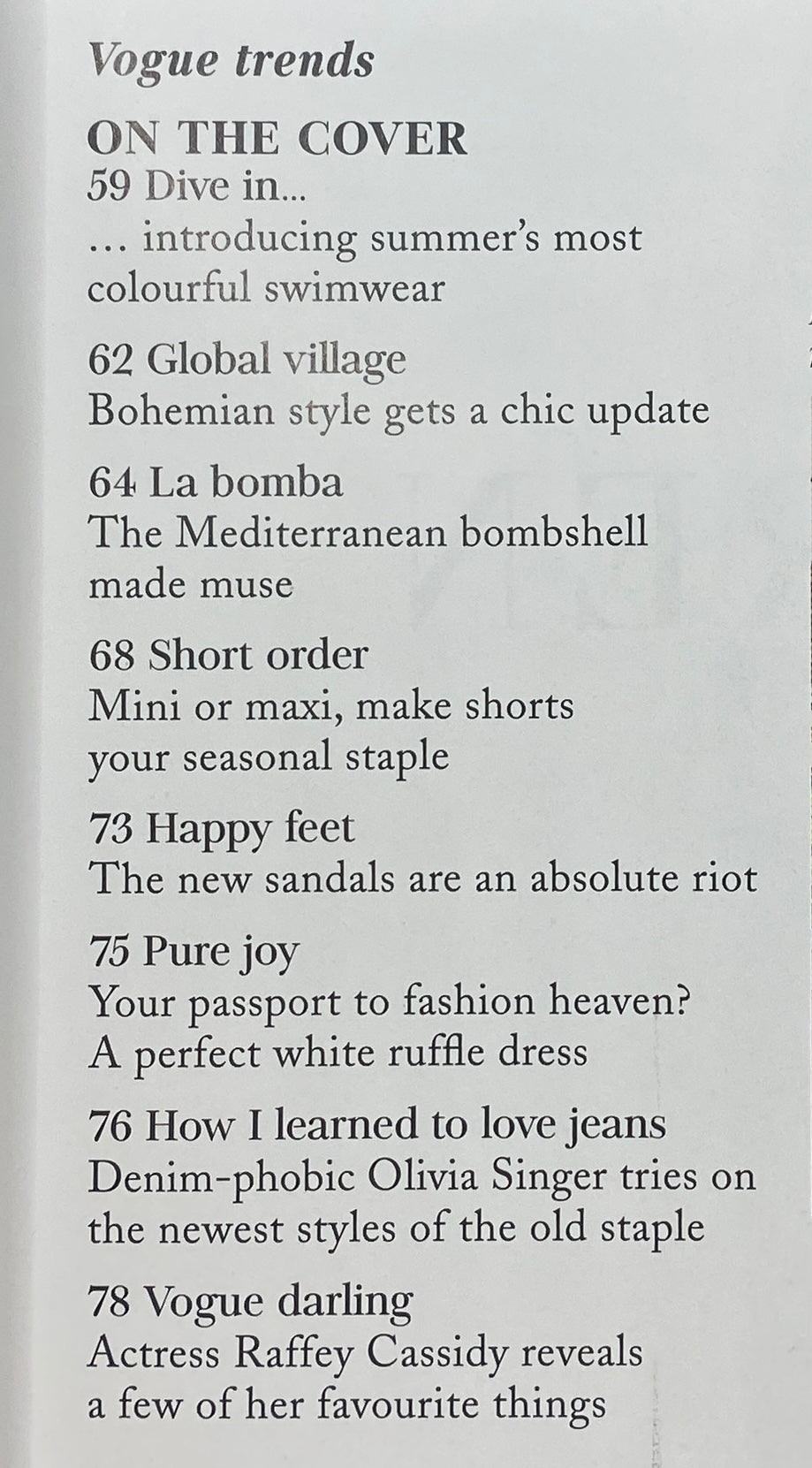 Vogue UK Magazine June 2018 contents page highlighting summer fashion trends, including colorful swimwear, bohemian styles, and featured articles.