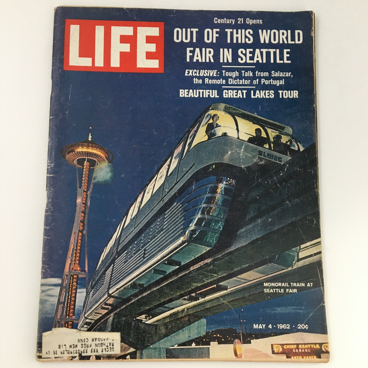 VTG Life Magazine May 4 1962 cover featuring a monorail train at the Seattle Fair and the Space Needle.