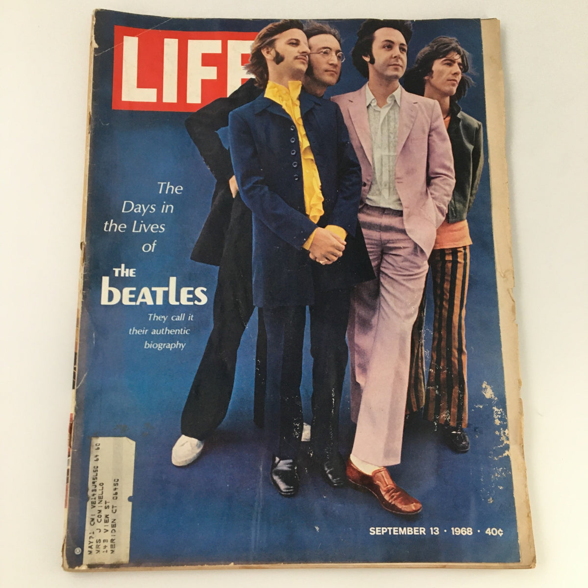 Cover of VTG Life Magazine from September 13, 1968 featuring The Beatles. The cover showcases the iconic band dressed in colorful outfits with a blue background, highlighting a moment in music history.