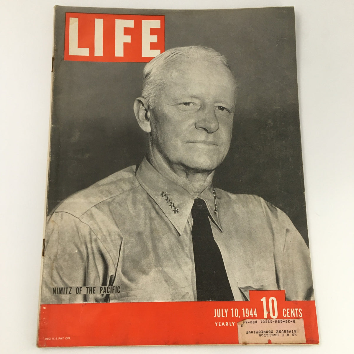 Cover of VTG Life Magazine from July 10, 1944 featuring Commander in Chief Chester William Nimitz, highlighting his leadership during World War II.