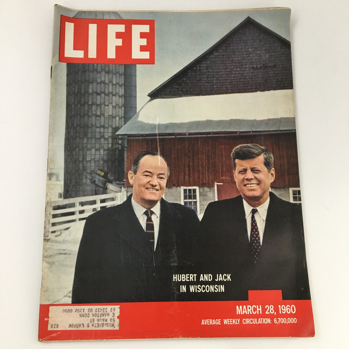 VTG Life Magazine March 28 1960 cover featuring Hubert Humphrey and John Kennedy with a barn backdrop.