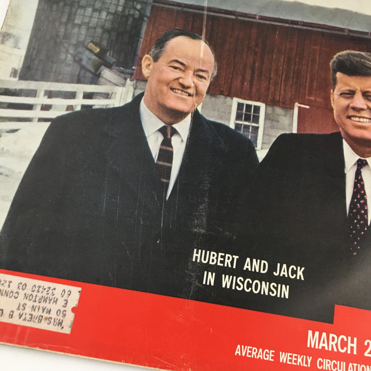 Detail shot of VTG Life Magazine March 28 1960 cover showing Hubert Humphrey and John Kennedy standing in front of a barn.