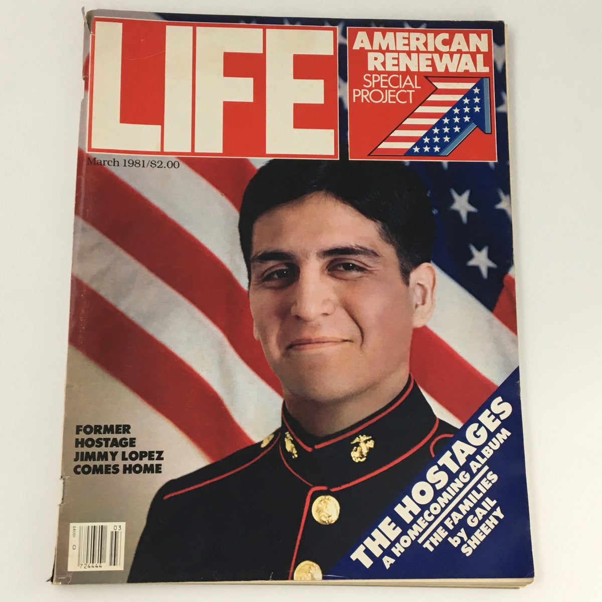 VTG Life Magazine March 1981 featuring former hostage Jimmy Lopez on the cover, showcasing the American flag in the background. This newsstand edition highlights significant historical events and personal stories of resilience.