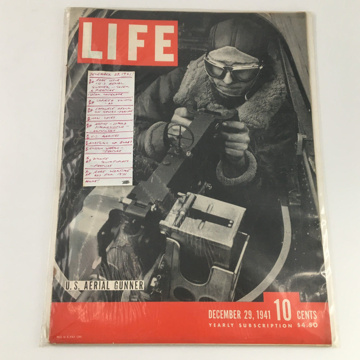 VTG Life Magazine December 29 1941, with U.S. Aerial Gunner cover and handwritten notes detailing featured articles and advertisements from that issue.
