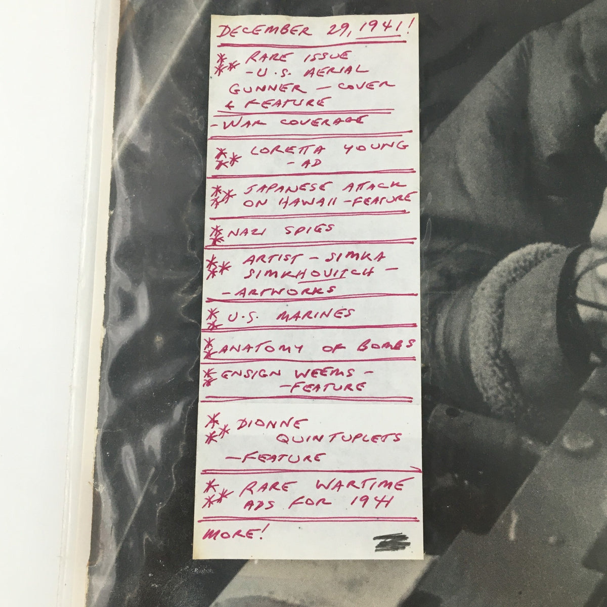 Inside page of VTG Life Magazine December 29 1941, displaying a list of notable articles including Japanese Attack on Hawaii and features on U.S. Marines and the Dionne Quintuplets.