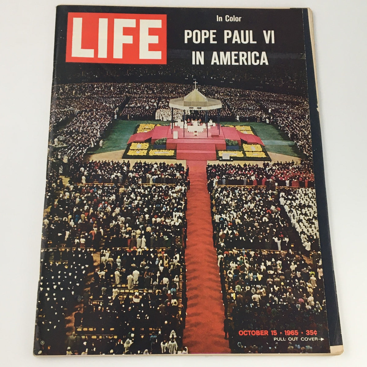 VTG Life Magazine October 15 1965 cover featuring Pope Paul VI during his historic visit to America, showcasing a large crowd gathered in a ceremonial setting with bright floral decorations and red carpet.