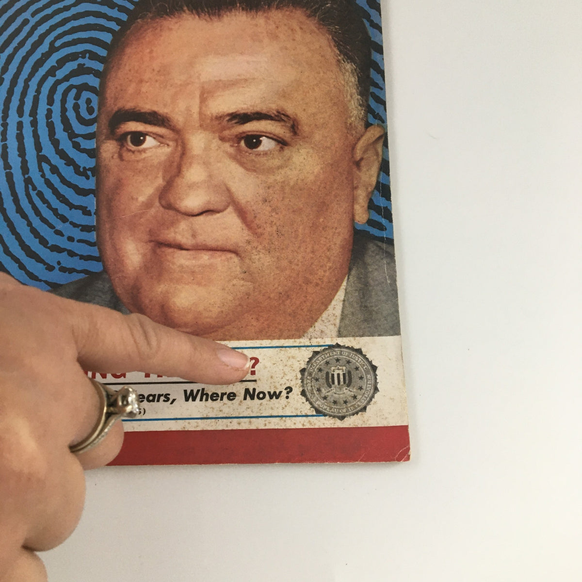 Close-up of September 2 1957 Vintage Newsweek Magazine featuring a finger pointing at the article title relating to FBI Director J. Edgar Hoover, showcasing the historical significance of the magazine.