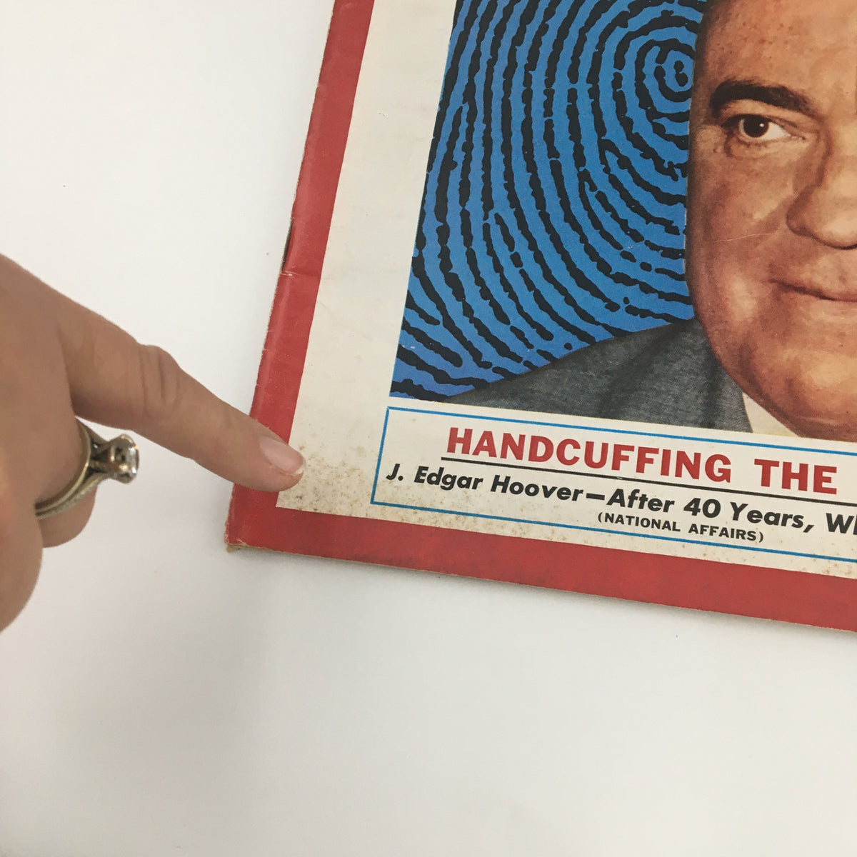 Detailed view of the September 2 1957 Vintage Newsweek Magazine, highlighting the text 'HANDCUFFING THE FBI?' under a close-up of FBI Director J. Edgar Hoover, revealing signs of wear.