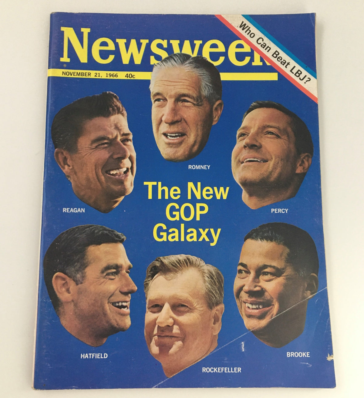 Cover of Vintage Newsweek Magazine dated November 21, 1966 featuring portraits of political figures including Lyndon Johnson and Ronald Reagan, with the headline 'The New GOP Galaxy.'