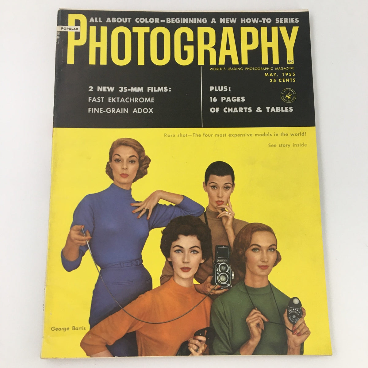 VTG Photography Magazine May 1955 cover featuring four women posing with cameras against a bright yellow background, showcasing vintage photography style and George Barris' iconic photography.