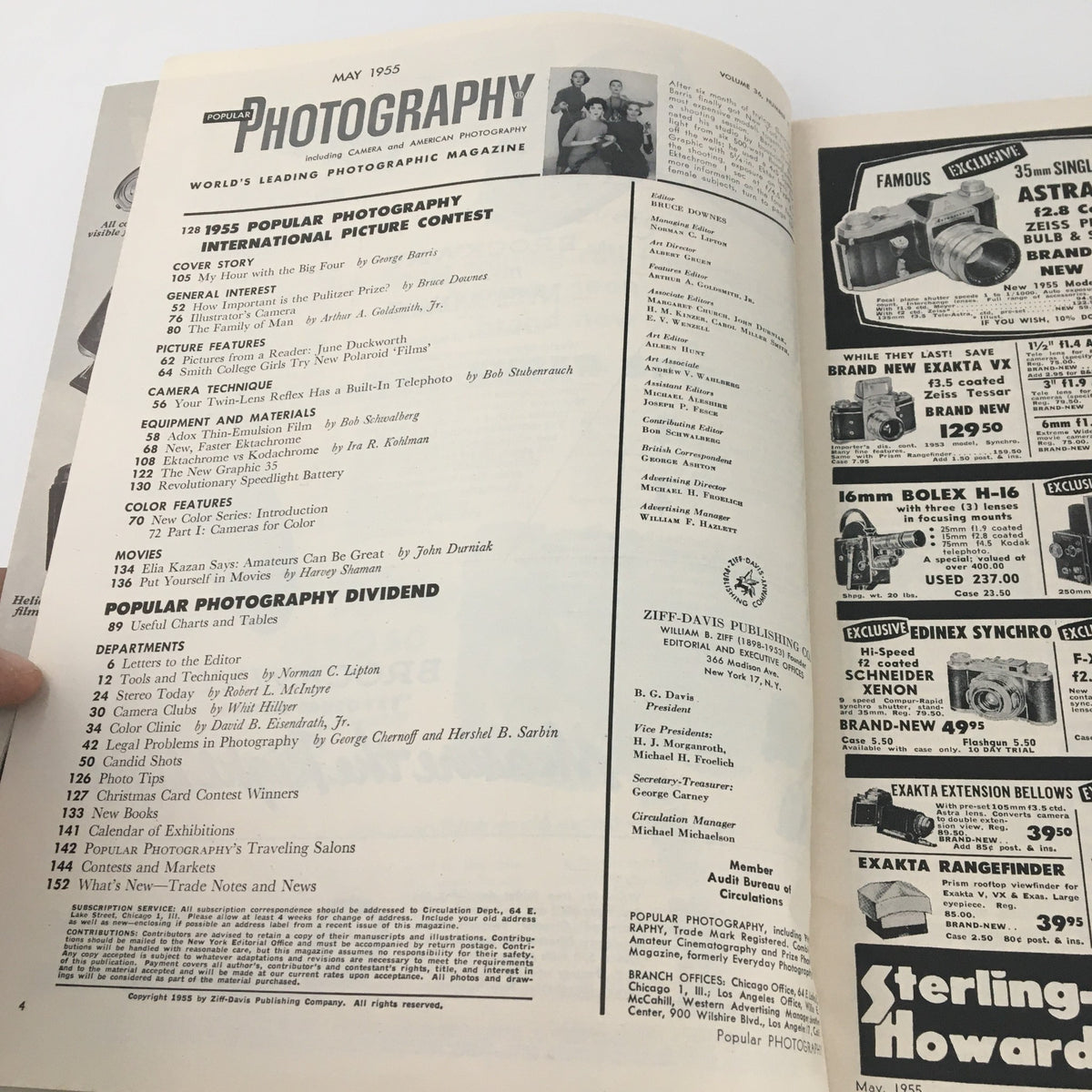 Inside view of VTG Photography Magazine May 1955 showing the table of contents and featured articles including work by George Harris and topics on photography techniques.