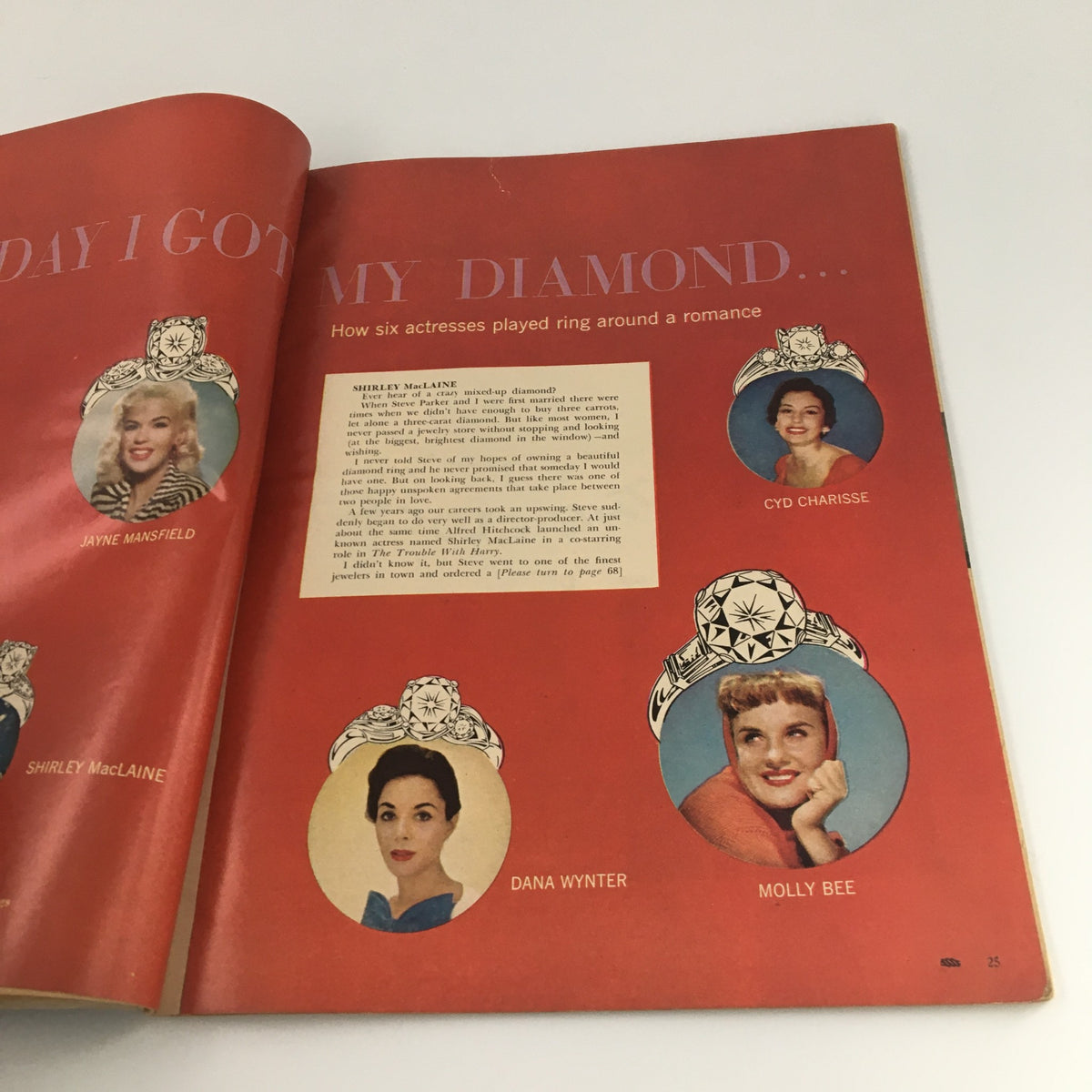 Interior page of VTG Motion Picture Magazine April 1959 featuring an article about actresses and their diamond rings, including images of Jayne Mansfield, Cyd Charisse, and Shirley MacLaine.