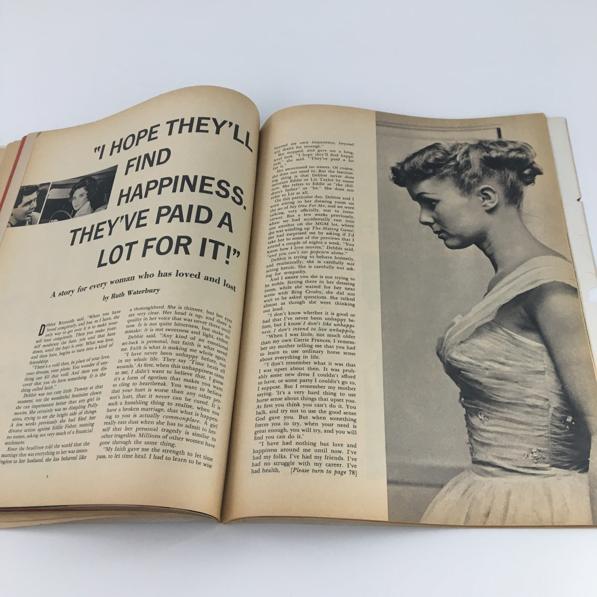 Page from VTG Motion Picture Magazine April 1959 displaying an article titled 'I Hope They’ll Find Happiness, They’ve Paid a Lot For It!' with a featured story and a portrait of a woman.