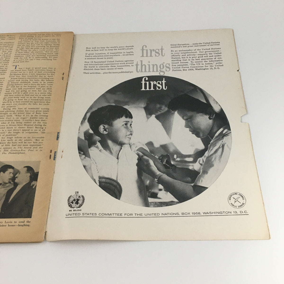 Back cover of VTG Motion Picture Magazine April 1959 displaying an advertisement for the United Nations featuring a child smiling during a health check-up.