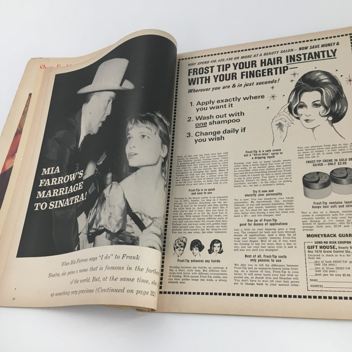 Interior of the VTG Photoplay Magazine October 1965 with a focus on Mia Farrow's marriage to Frank Sinatra, capturing a moment in celebrity history.