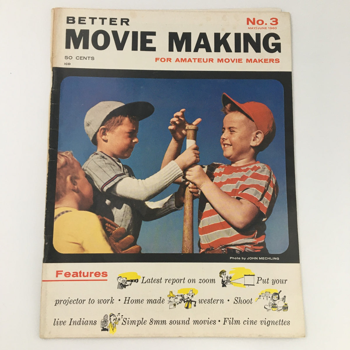 Cover image of Better Home Movie Making Magazine May June 1960 #3 featuring children engaged in playful activities, with bold title and features listed for amateur movie makers.