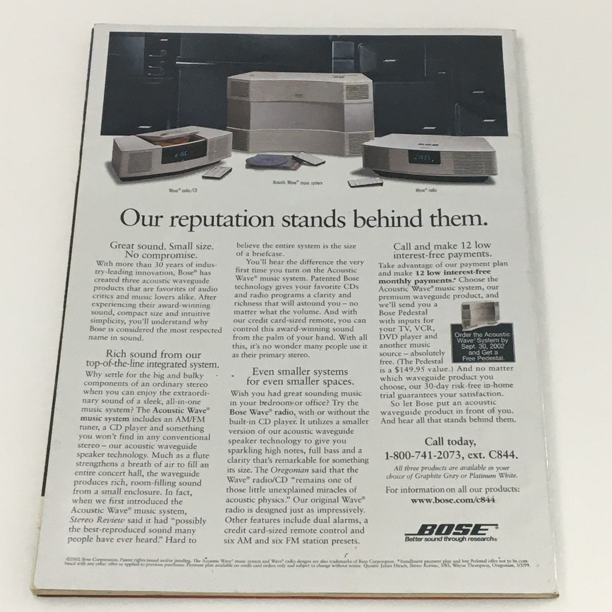 Back cover of TV Guide magazine September 2002 showcasing an advertisement for Bose audio systems, emphasizing their compact size and sound quality.