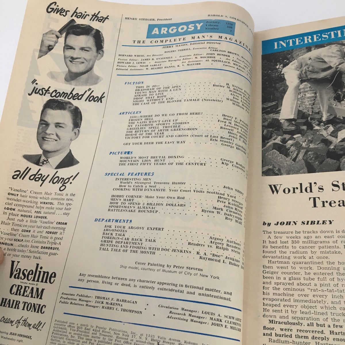 Inside view of the VTG Argosy Magazine January 1950 showcasing the contents page, including articles and features like 'The Case of the Blonde Tamale.'