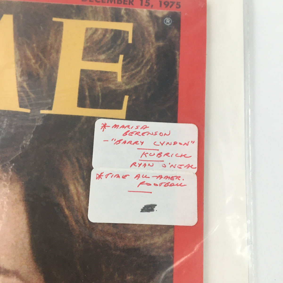 Close-up of the VTG Time Magazine December 15 1975 cover with notes mentioning Maria Berenson, Barry Lyndon, Stanley Kubrick, and football.
