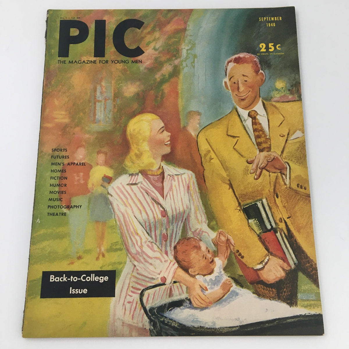VTG Pic Entertainment & News Magazine September 1946 cover featuring a family scene with a woman in a striped dress, a smiling man in a yellow suit, and a baby in a stroller.