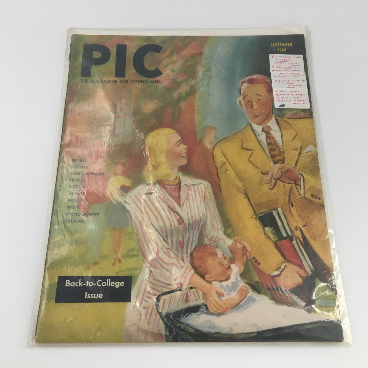 VTG Pic Entertainment & News Magazine September 1946 in protective plastic featuring the cover image of a couple with a baby, showcasing classic 1940s fashion.