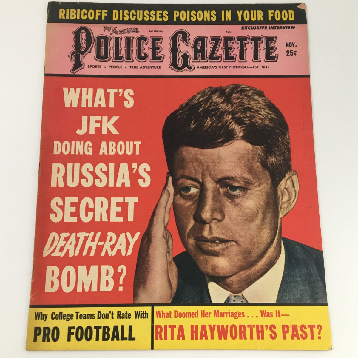 VTG Police Gazette Magazine, November 1961, featuring President John F. Kennedy on the cover, discussing Russia's secret death-ray bomb.