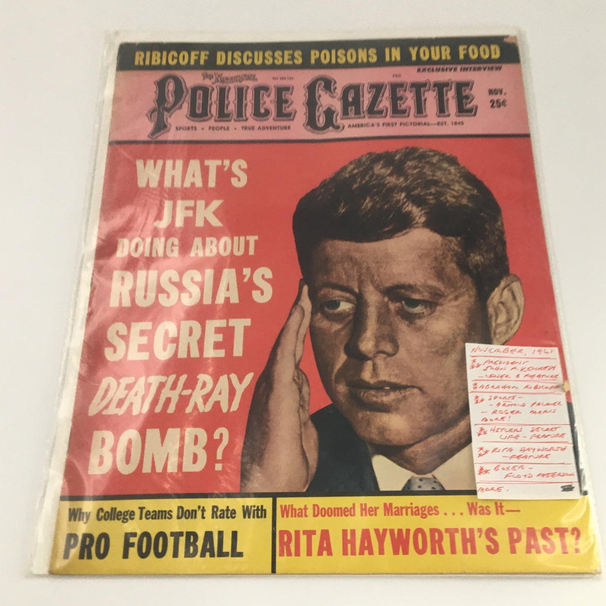 VTG Police Gazette Magazine from November 1961 with President John F. Kennedy on cover, detailing Russia's secret bomb and various features.