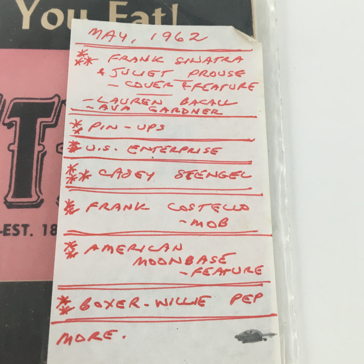 Close-up of VTG Police Gazette Magazine May 1962 details, highlighting features such as Frank Sinatra and Julie Prowse on the cover, with a list of contents including American Moonbase and other notable mentions.