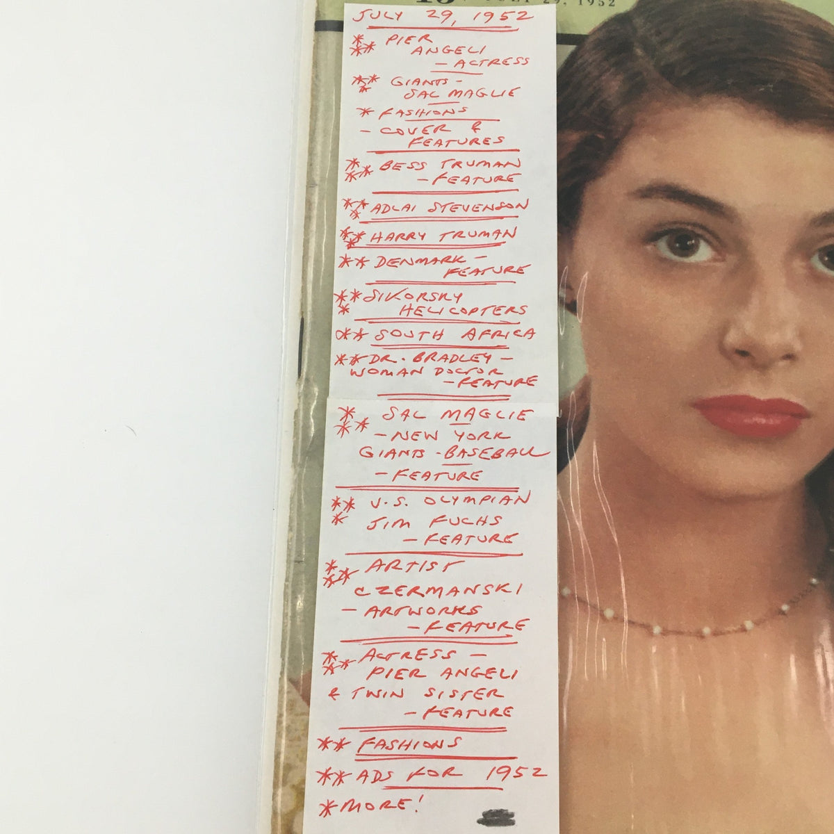 Inside page of VTG Look Magazine July 29 1952 with details about featured articles including Pier Angeli and Sal Maglie.