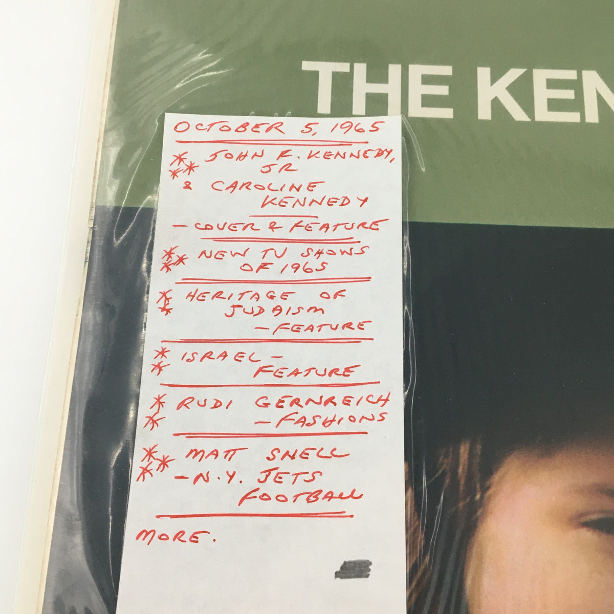 Overview of Look Magazine from October 5, 1965 featuring John F. Kennedy Jr. and Caroline Kennedy with highlighted contents including cultural articles and new TV shows.