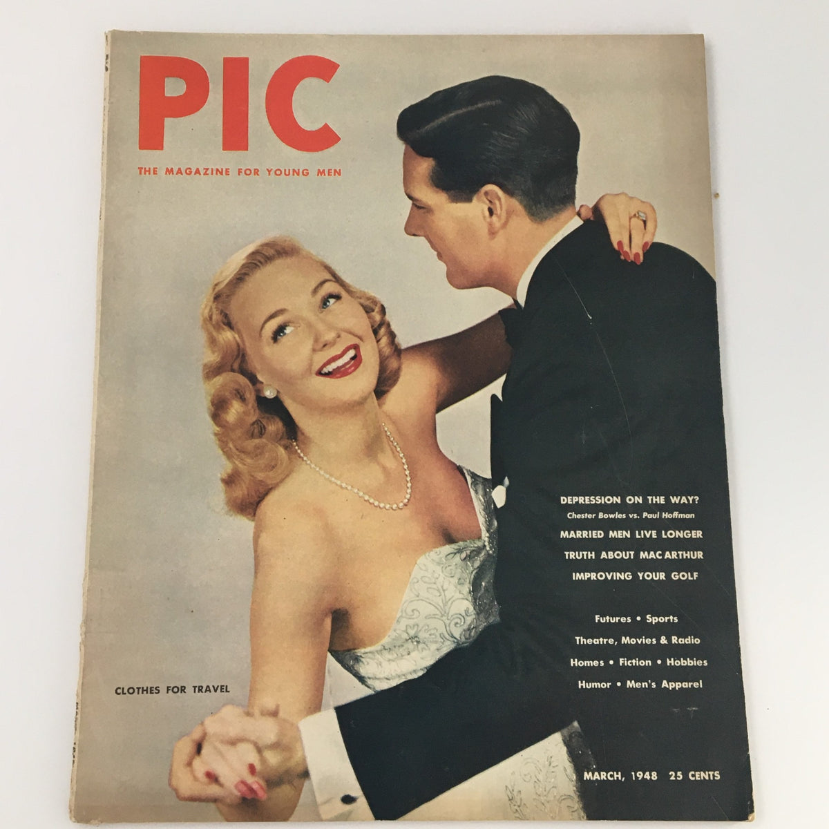 Cover of VTG Pic For Young Men Magazine March 1948 featuring an article on the Truth About Douglas MacArthur, showcasing a couple dancing elegantly.