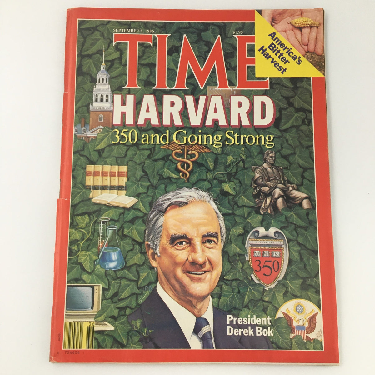 Time Magazine cover from September 8, 1986 featuring Harvard University President Derek Bok, highlighting Harvard's 350th anniversary and showcasing academic achievements.