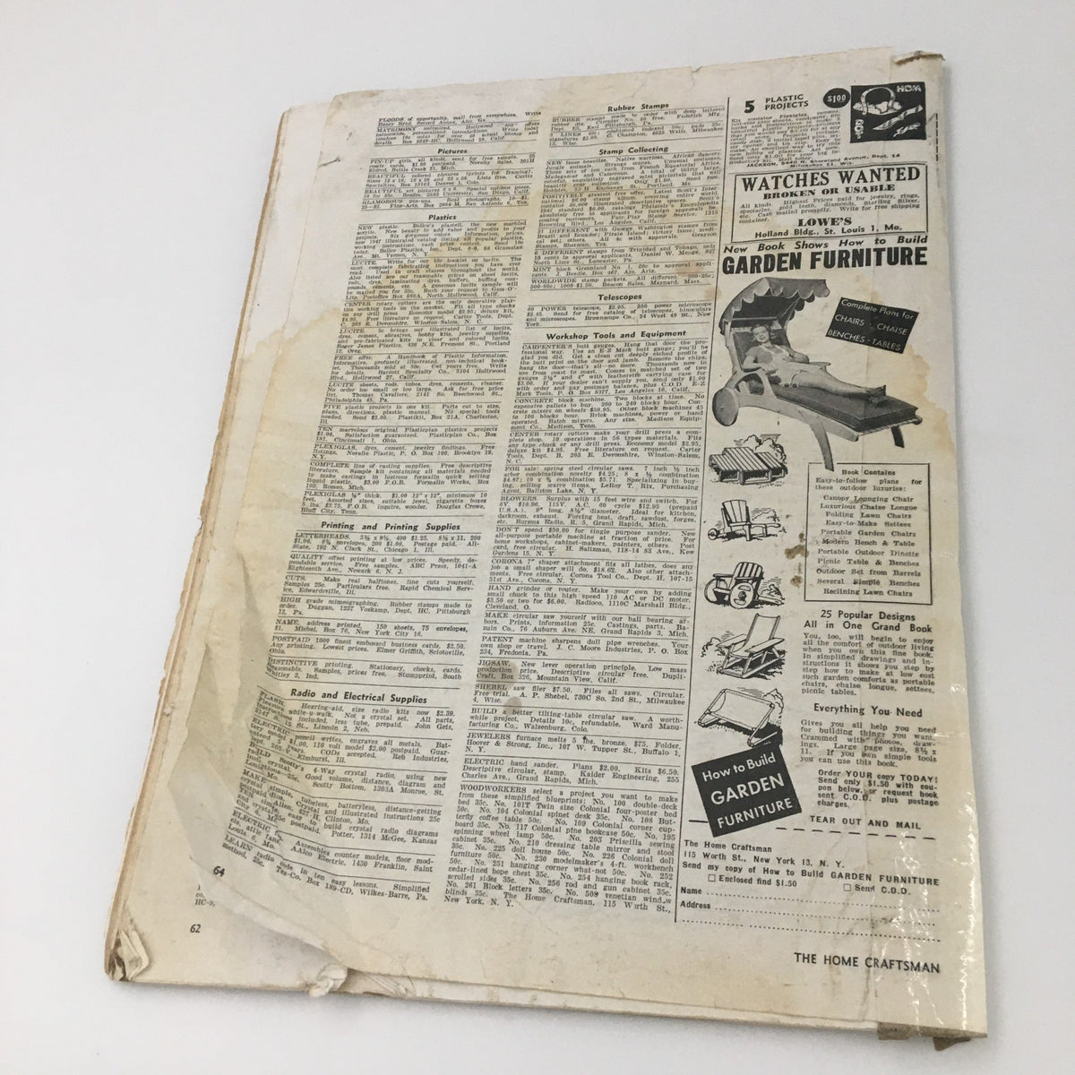 Back cover of VTG The Home Craftsman Magazine May-June 1947 showing additional advertisements and content related to garden furniture, reinforcing the magazine’s theme of home improvement.