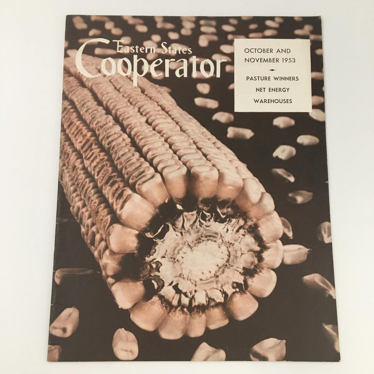 VTG Eastern States Cooperator October November 1953 magazine cover featuring corn close-up, highlighting pasture winners and net energy in agriculture.