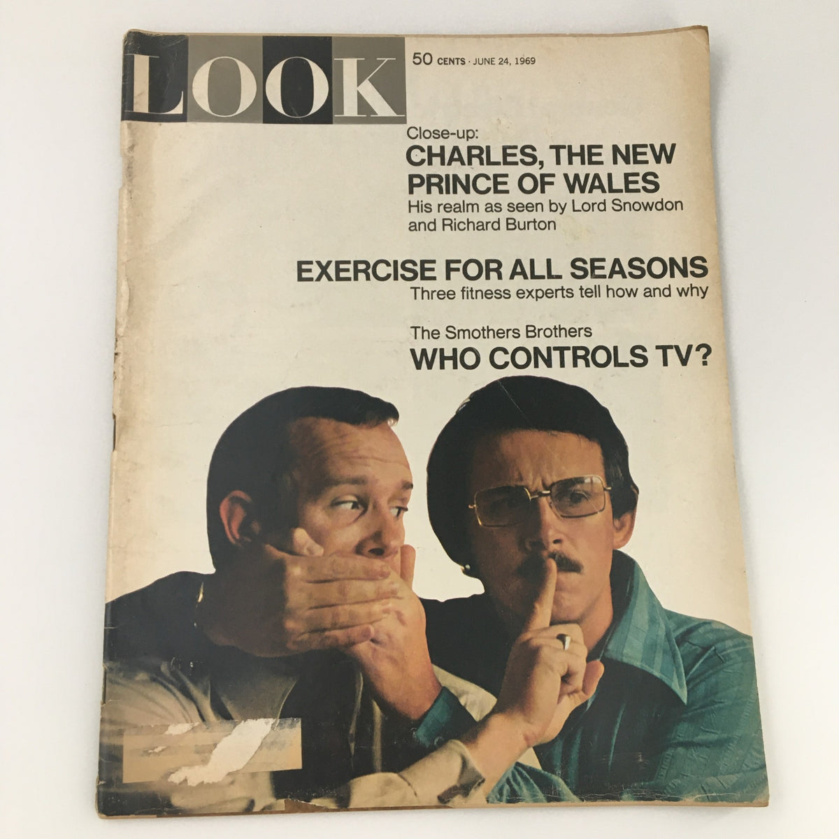 Cover of VTG Look Magazine June 24 1969 featuring The Smothers Brothers, with a close-up on Prince Charles of Wales, showcasing the magazine's distinctive design and iconic cultural relevance.