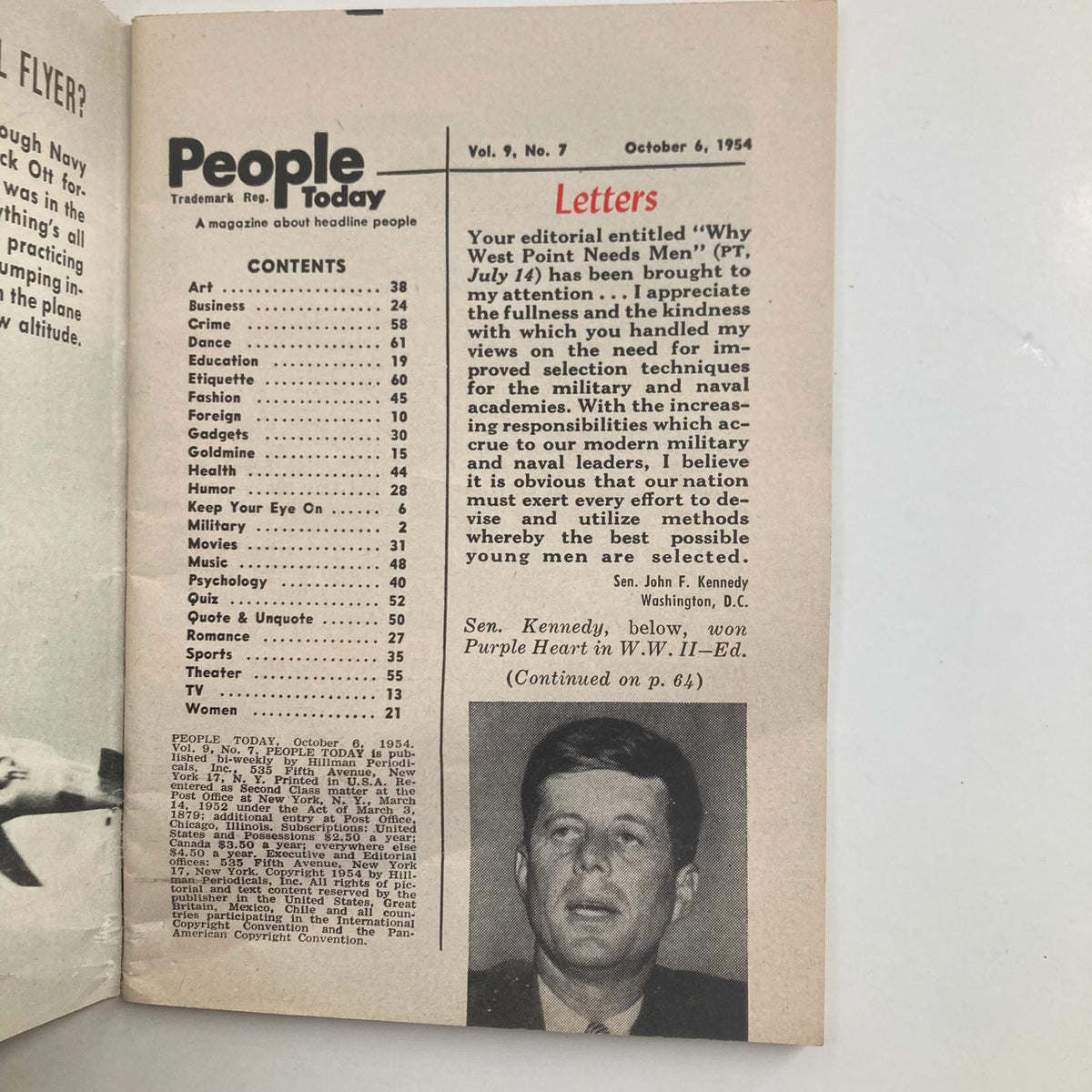 Inside content page of VTG People Today Magazine October 6 1954 Vol 9 No. 7 displaying magazine details, articles, and letters including a picture of John F. Kennedy.