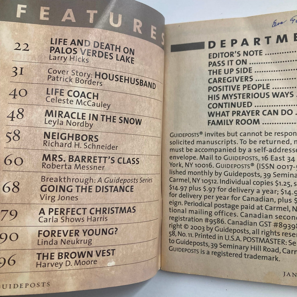 Features page of Guideposts Magazine January 2004 highlighting articles including 'Life and Death on Palos Verdes Lake' by Larry Hicks and 'Househusband' by Patrick Borders.