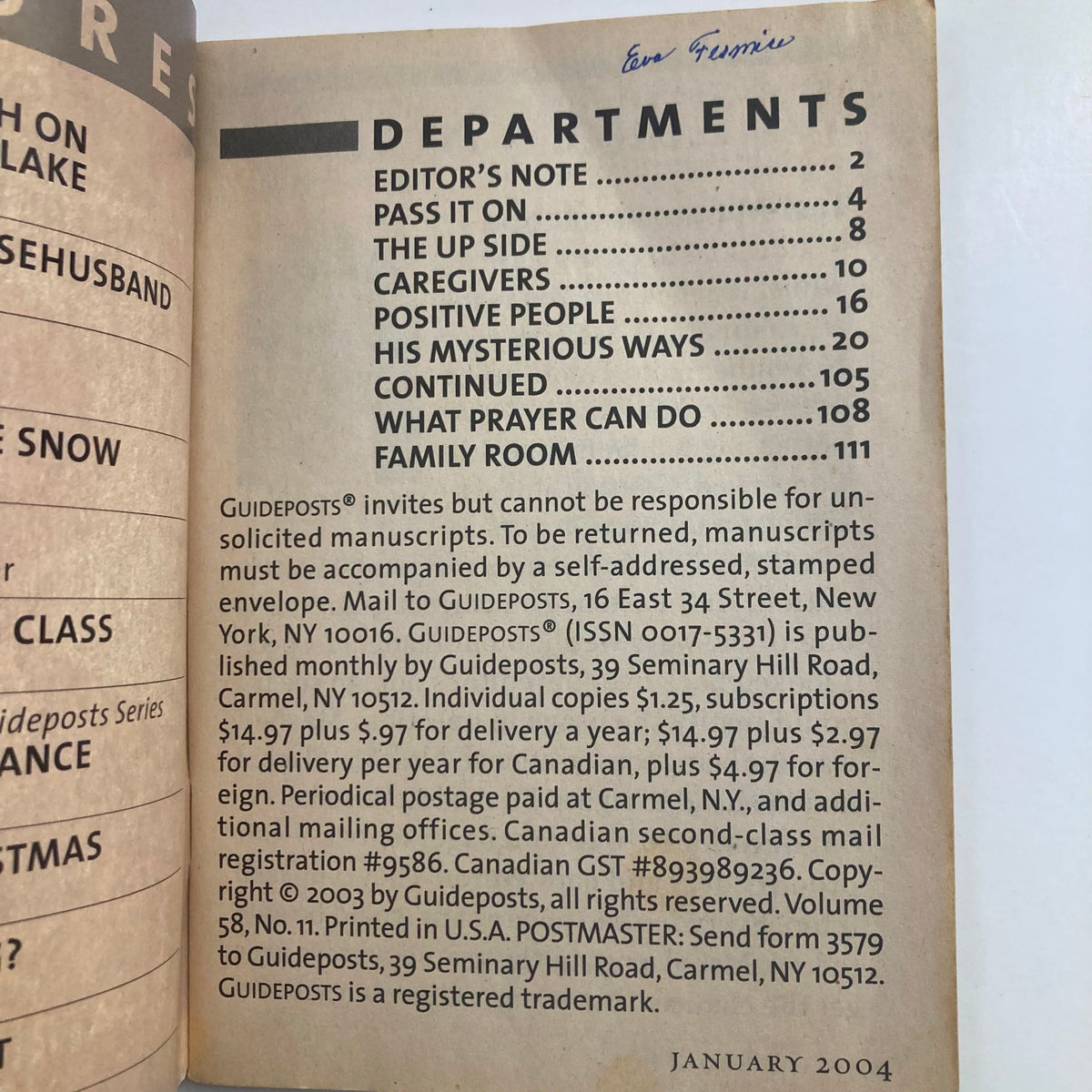 Departments page of Guideposts Magazine January 2004 detailing editorial sections, including 'Editor's Note' and 'Family Room'.